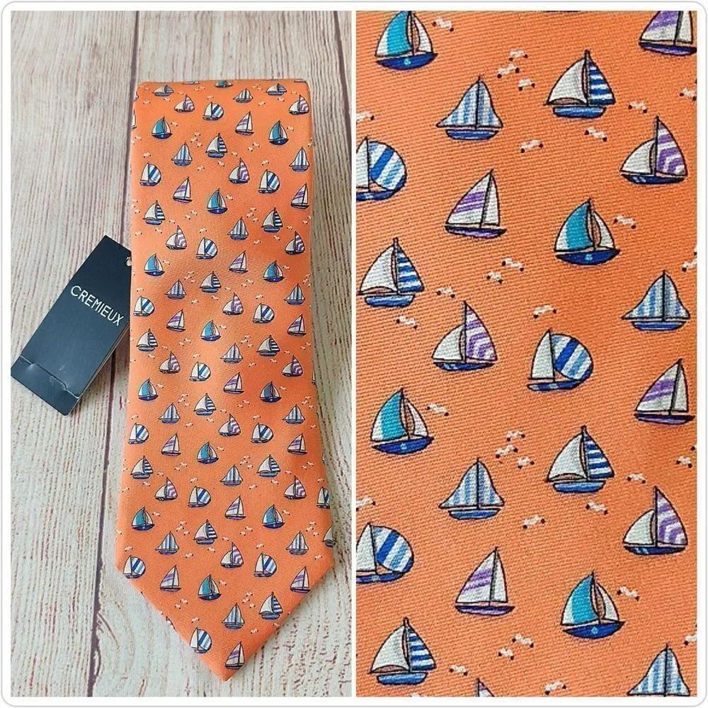 Daniel Cremieux 100% silk orange sailboat tie NWT